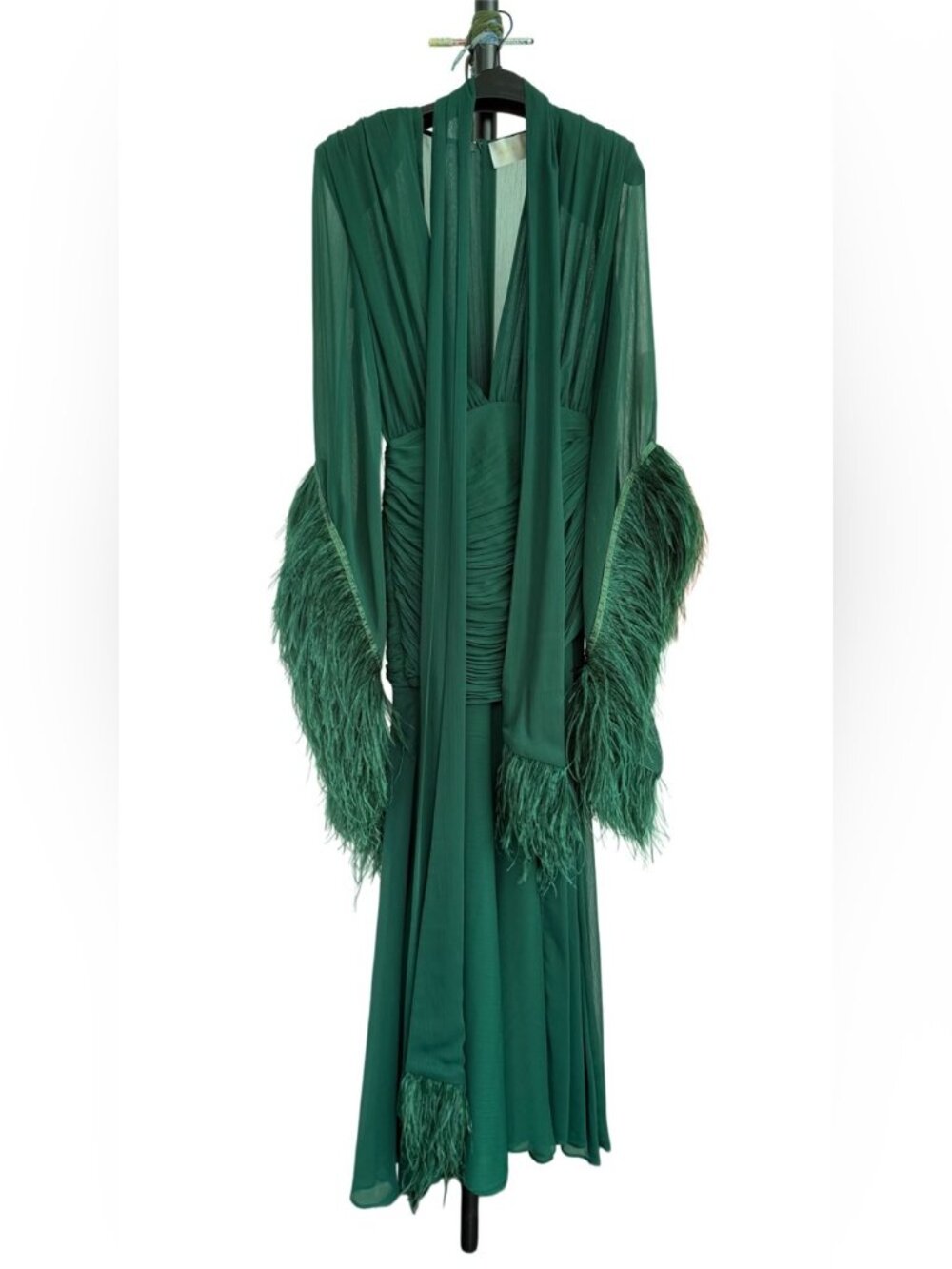 Bronx & Banco Geisha V-Neck Gown Green Feather Cuffs – Worn Once Like New! M - Picture 2 of 6